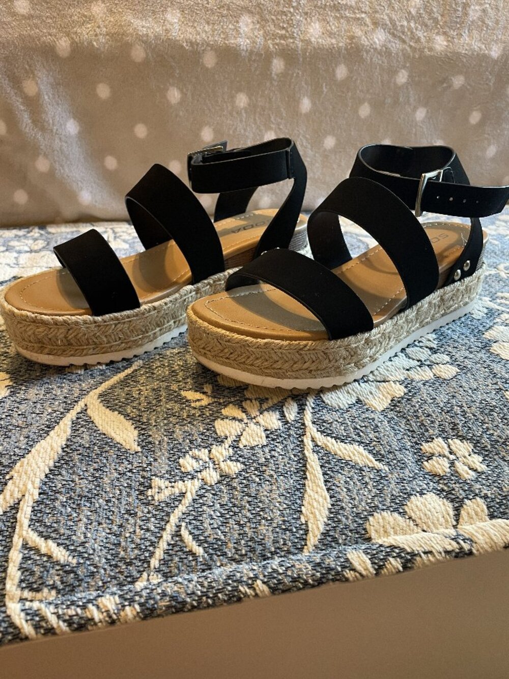 Soda Black and Tan Buckle Platform Sandals